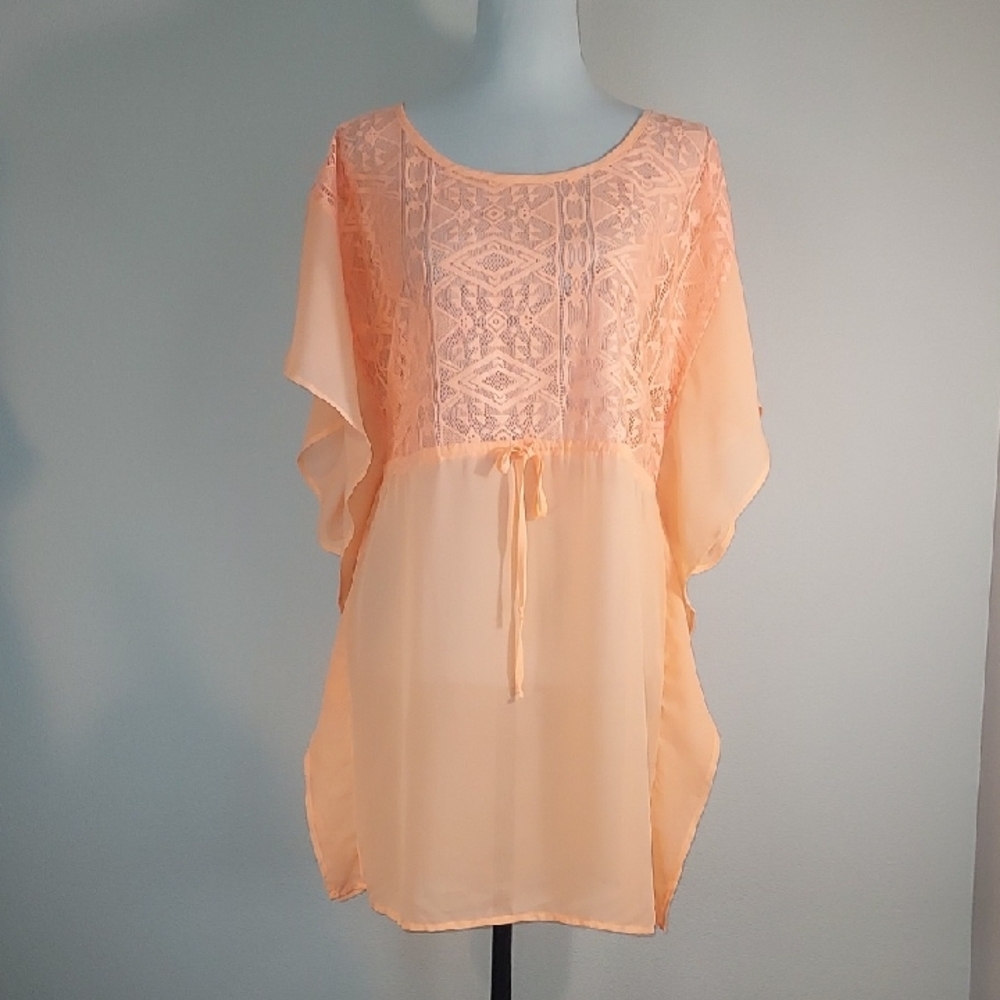 Xhilaration Peachy Orange Lace Patterned Chiffon Semi-Sheer Swim Beach Coverup M